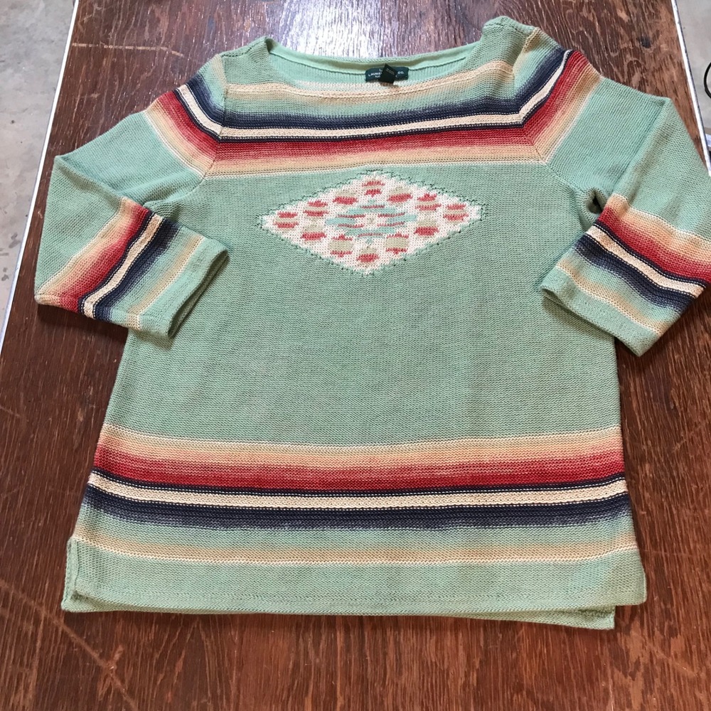Lauren Ralph Lauren Southwestern Stripe Cotton Linen Knit Sweater Green XL 3/4 - Picture 14 of 16